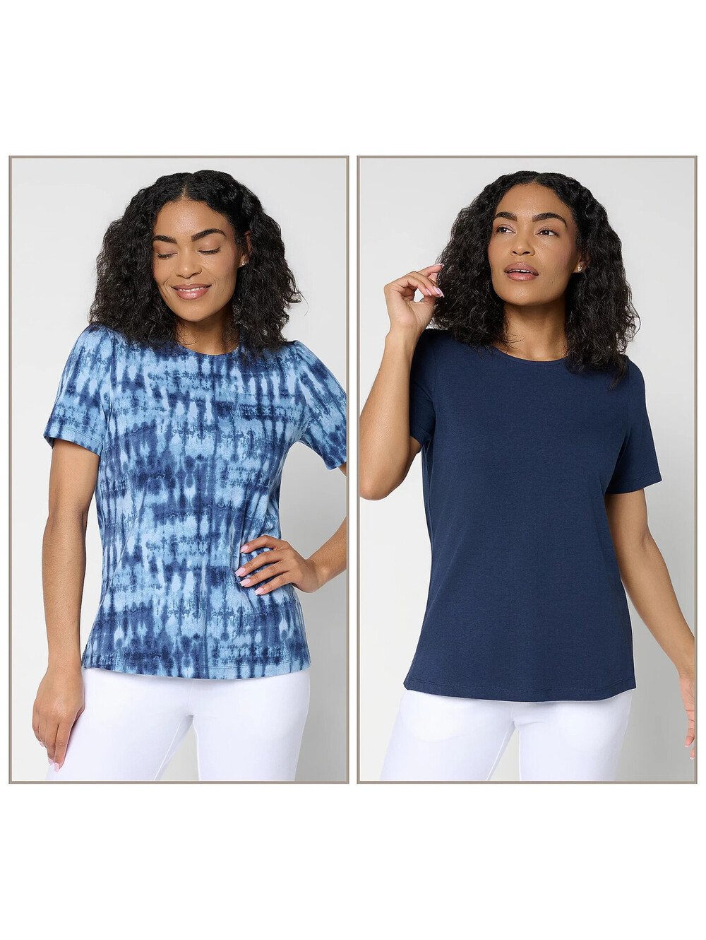 Denim & Co. Beach Jersey 2-Pack Printed and Solid Top Navy Shibori, Size Medium